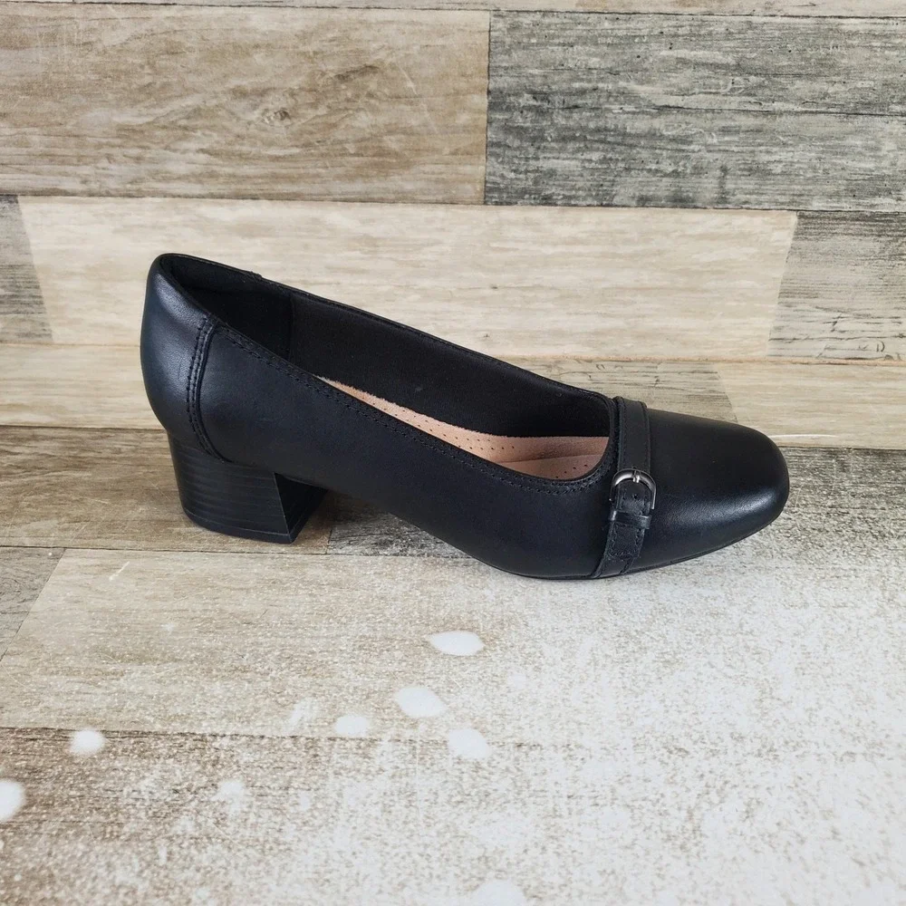 Clarks Marilyn Nora Womens Pump Sz 7 Black Leather Slip On Square Toe Block Heel